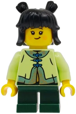 Child - Girl, Yellowish Green Tang Jacket, Dark Green Short Legs, Black Hair with Buns
