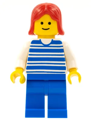 Lignes horizontales bleues - Bras blancs - Jambes bleues, cheveux roux (femme)
