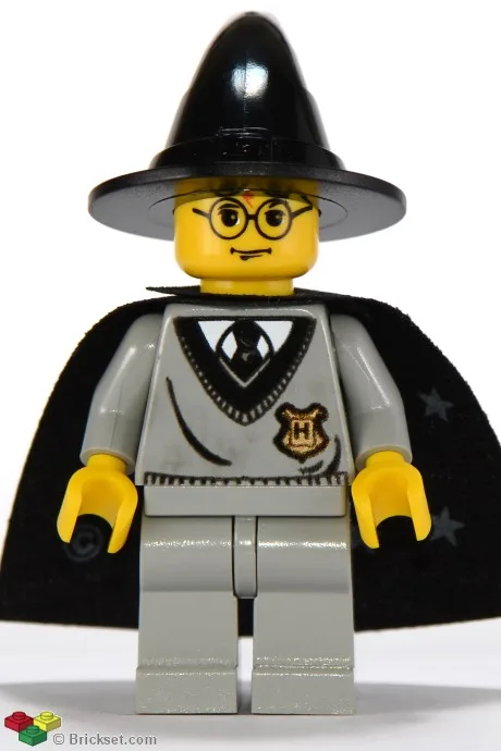 Harry Potter - Torse de Poudlard, jambes gris clair, chapeau de sorcier/sorcière noir, cape noire à étoiles
