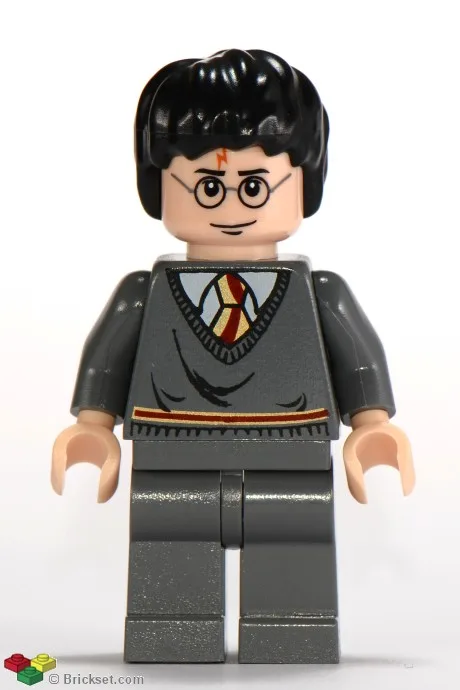 Harry Potter - Torse rayé Gryffondor, jambes gris bleu foncé, sourcils au-dessus des lunettes
