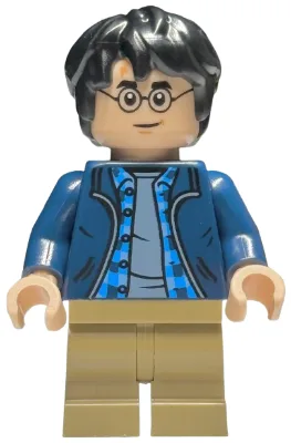Harry Potter - Dark Blue Open Jacket over Plaid Shirt with Collar and Sand Blue Shirt, Dark Tan Medium Legs
