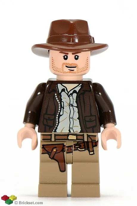 Indiana Jones - Veste marron foncé, Fedora marron rougeâtre, bouche fermée, sourire asymétrique