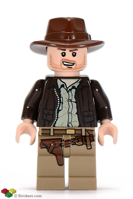 Indiana Jones - Donkerbruine jas, roodbruine fedora, scheve grijns met open mond