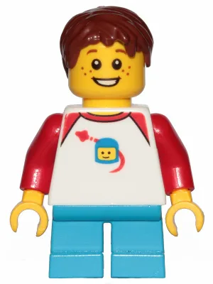Boy, Freckles, Classic Space Shirt with Red Sleeves, Dark Azure Short Legs, Reddish Brown Hair Short Tousled with Side Part