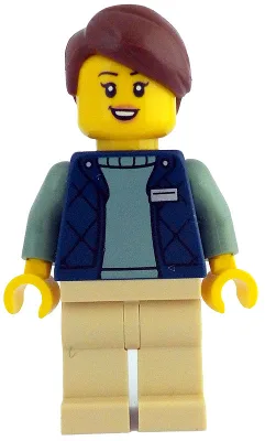 Botanical Garden Manager - Female, Dark Blue Bodywarmer over Sand Green Sweater, Tan Legs, Reddish Brown Hair