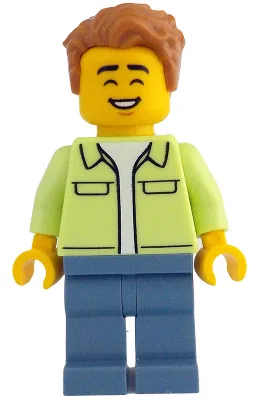 Man - Yellowish Green Jacket over White Shirt, Sand Blue Legs, Medium Nougat Tousled Hair