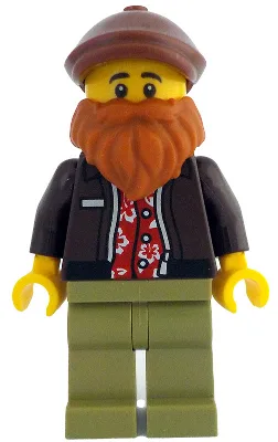Photographer - Male, Dark Brown Jacket over Red Hawaiian Shirt, Olive Green Legs, Reddish Brown Flat Cap, Dark Orange Beard