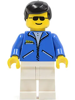 Jacke blau – Weiße Beine, Schwarzes Männerhaar, Sonnenbrille
