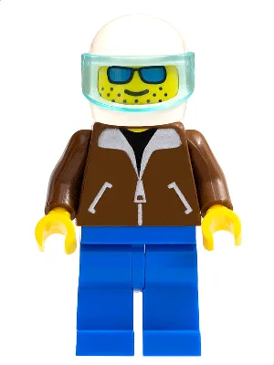 Hubschrauberpilot – Braune Jacke, blaue Hosenbeine, weißer Helm, durchscheinend hellblaues Visier