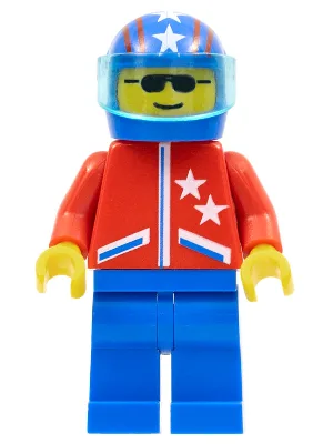 Veste rouge à 2 étoiles, jambes bleues, casque bleu à 4 étoiles et rayures, visière bleu clair translucide