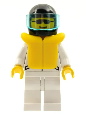 Veste 2 étoiles blanche - Jambes blanches, casque noir, visière bleu clair translucide, gilet de sauvetage