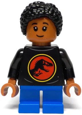 Junior Paleontologist - Girl, Black Shirt with Jurassic Park Logo, Blue Short Legs, Black Hair Braided with Knot Bun