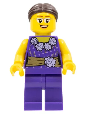 LEGOLAND Park Female, Dark Purple Blouse with Gold Sash and Flowers, Dark Brown Hair