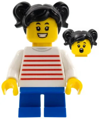 Child - Girl, White Sweater with Red Horizontal Stripes, Blue Short Legs, Black Hair with Pigtails