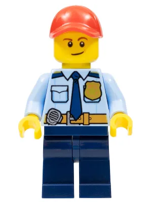 LEGOLAND Park Police Officer with Shirt with Dark Blue Tie and Gold Badge, Dark Tan Belt with Radio, Dark Blue Legs, Red Cap, Lopsided Smile