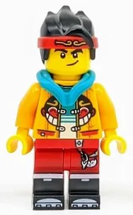 Monkie Kid - Bright Light Orange Open Jacket with Monkey Head Logo, Dark Turquoise Hood, Smirk / Angry