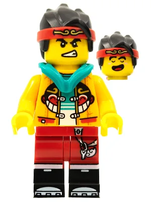 Monkie Kid - Bright Light Orange Open Jacket with Monkey Head Logo, Dark Turquoise Hood, Fierce / Happy