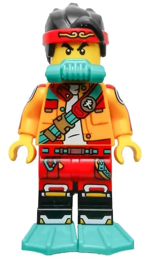 Monkie Kid - Bright Light Orange Open Jacket with Shoulder Strap, Dark Turquoise Scuba Breathing Regulator and Flippers, Frown