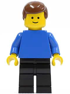 Effen blauwe romp met blauwe armen, zwarte benen en bruin mannenhaar.