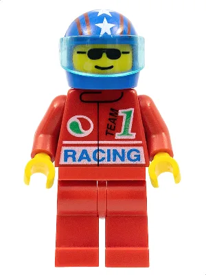 Octan - Racing, rote Beine, blauer Helm mit 4 Sternen und Streifen, transparent-hellblaues Visier