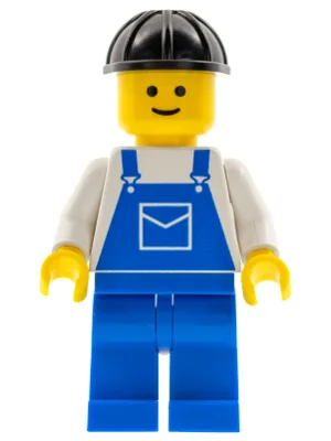 Blauer Overall mit Tasche, blaue Beine, schwarzer Bauhelm
