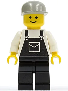 Schwarzer Overall mit Tasche, schwarze Beine, hellgraue Kappe