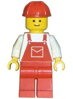 Roter Overall mit Tasche, rote Beine, roter Bauhelm