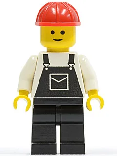Salopette noire à poches, jambes noires, casque de chantier rouge