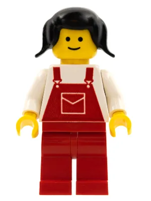 Overalls rood met zakken, rode pijpen, zwarte vlechtjes in het haar
