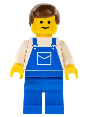 Overalls blauw met zak, blauwe pijpen, bruin mannenhaar