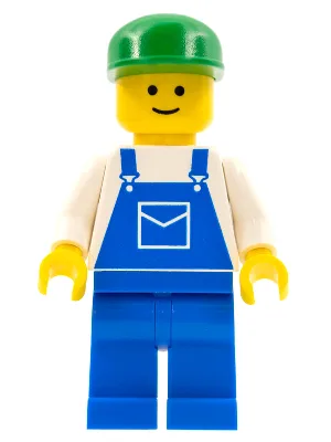 Blauer Overall mit Tasche, blaue Beine, grüne Kappe