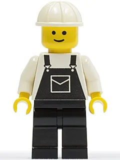 Overall zwart met zak, zwarte broekspijpen, witte bouwhelm