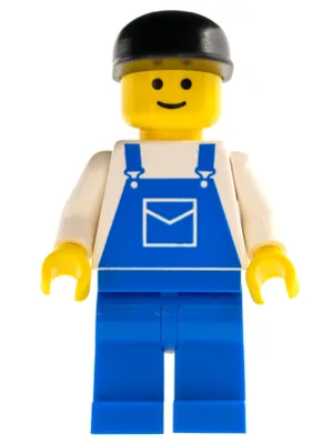 Blauer Overall mit Tasche, blaue Beine, schwarze Kappe