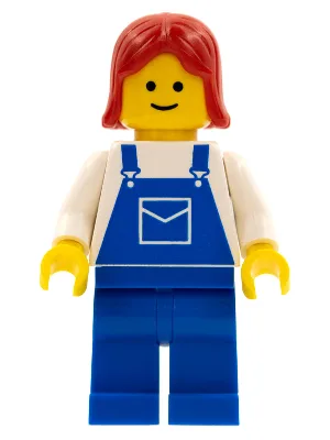 Blauer Overall mit Tasche, blaue Beine, rotes Haar