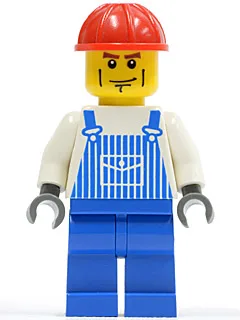Gestreifter blauer Overall mit Tasche, blaue Beine, roter Bauhelm, Wangenstreifen, dunkelblaugraue Hände