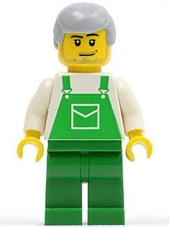 Grüner Overall mit Tasche, grüne Beine, hellblaugraues Männerhaar