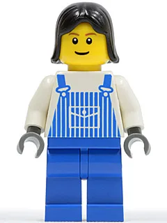 Gestreifter blauer Overall mit Tasche, blaue Beine, schwarzes weibliches Haar