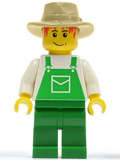 Salopette verte à poches, jambes vertes, chapeau Fedora beige