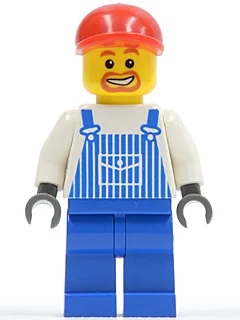 Overall met blauwe strepen en zak, blauwe pijpen, rode pet met korte klep, baard rond de mond.