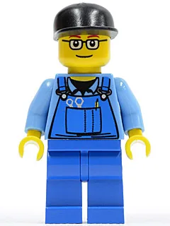 Overall met gereedschap in de zak, blauw, zwarte pet, bril