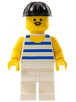 Horizontale blaue und hellgrüne Streifen, weiße Beine, schwarzer Bauhelm