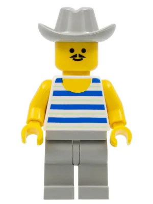 Rayures horizontales bleues et vert clair, jambes gris clair, chapeau de cowboy gris clair