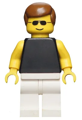 Torse noir uni, bras jaunes, jambes blanches, lunettes de soleil, cheveux bruns (homme)