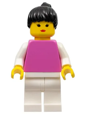 Effen donkerroze torso met witte armen, witte benen en een zwarte paardenstaart.