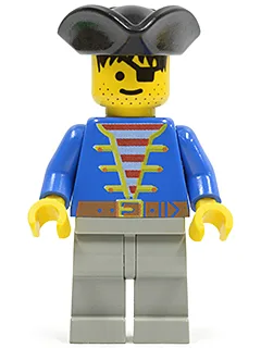 Blaue Piratenjacke, hellgraue Hosen, schwarzer Piratenhut mit Dreiecksmuster