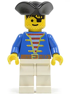 Piratenjacke (blau), weiße Beine, schwarzer Piratenhut (dreieckig)
