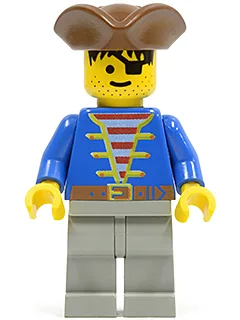 Piratenjacke in Blau, hellgraue Hosenbeine, brauner Piratenhut mit Dreiecksmuster