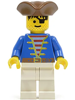 Piratenjas in blauw, witte broekspijpen, bruine piratenhoed met driehoekige rand