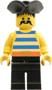 Chemise à rayures bleues et blanches de pirate, pantalon noir, chapeau triangulaire noir de pirate