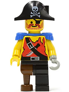 Piratenhemd mit Messer, schwarze Hose mit Holzbein, schwarzer Piratenhut mit Totenkopf, blaue Schulterstücke